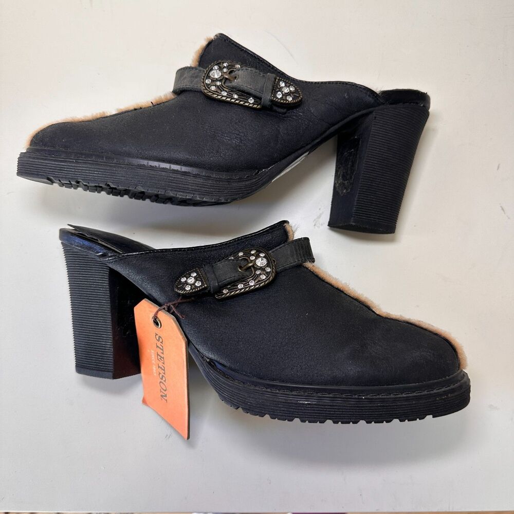 Stetson Mule Womens 9.5 Fur Lined Heeled Black Leather Clogs Womens NWT‎